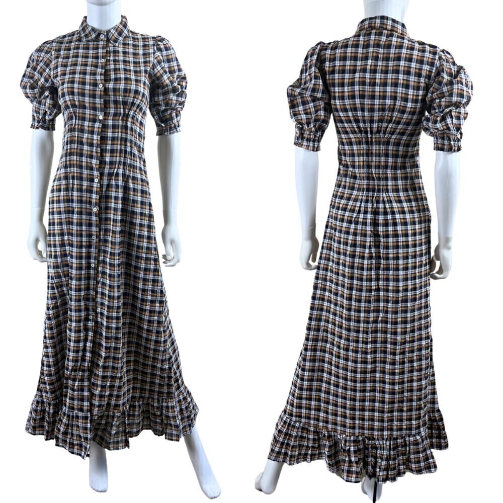 Mille Size XXS Laurel Cotton Plaid Ruffle Peasant Prairie Maxi NEW Shirt Dress